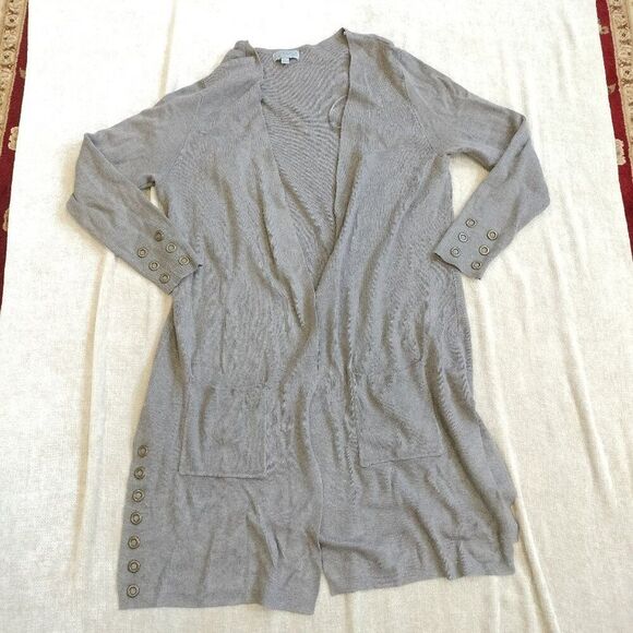 Joseph A. Long Open Front Grey Duster Cardigan Long Sleeve Size Large - Picture 1 of 9